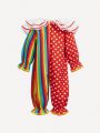 SHEIN Baby Girls' Polka Dot Romper With Ruffled Hem & Interesting Clown Print And Hat