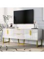 OSQI Modern TV Stand for TVs up to 75 Inches, Storage Cabinet with Drawers and Cabinets, Wood TV Console Table with Metal Legs and Handles for Living Room, White