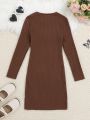 SHEIN Kids Cooltwn Girls' Solid Color Ribbed Knitted Round Neck Long Sleeve Dress