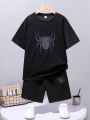 SHEIN Kids HYPEME Tween Boys' Casual Night Light Spider Print Round-Neck Short Sleeve T-Shirt And Shorts Knitwear Set, Fashion And Street Style