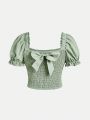 SHEIN Teen Girl's Detachable Bowknot Puff Sleeve Square Neck Blouse