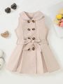 SHEIN Kids EVRYDAY Toddler Girls' Elegant Simple Doll Collar Sleeveless Slim Fit Solid Color Double-Breasted Jacket With Matching Belt For Summer