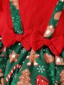 Baby Girl Christmas Print Ruffle Trim Bow Front 2 In 1 Bodysuit & Headband