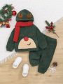 SHEIN Infant Boys' Cute Embroidery Fleece Hoodie And Pants Set With Scarf