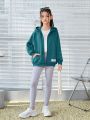 SHEIN Big Girls' Loose Fit Casual Fleece Pullover With Heart Pattern Print And Drop Shoulder Design On The Back