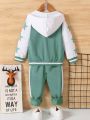 Young Boy Letter Embroidery & Patchwork Contrast Color Hooded Jacket And Long Pants 2pcs/Set
