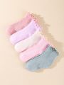 5pairs/set Children's Solid Color Socks With Lace Trim, For Girls
