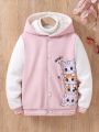 SHEIN Kids Nujoom 1pc Teenage Girls' Cat Print Hooded Jacket With Fleece Lining