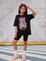 SHEIN Kids Cooltwn Tween Girls' Cool Street Knitted Bear & Letter Print Short Sleeve T-Shirt With Round Neckline