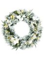 Costwy 24'' Pre-lit Snowy Christmas Wreath w/ Berries Poinsettia Flowers Timer