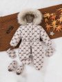 SHEIN Baby Girl Allover Print Fuzzy Trim Hooded Jumpsuit & Gloves