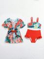 Baby Girl Flamingo And Tropical Print Mesh Cover-Up Swimsuit Set