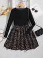 SHEIN Tween Girls' Casual Floral Patchwork Knit Round Neck Long Sleeve Dress For Holiday