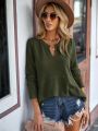 SHEIN LUNE Notched Neck Curved Hem Waffle Knit Tee