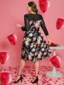 EMERY ROSE Valentine's Day Plus Size Flower Mesh Splice Dress