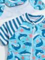 Young Boy's Striped Shark Printed One-Piece Swimwear With Hat