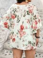 SHEIN CURVE+ Plus Size Women's Floral Print Batwing Sleeve Blouse