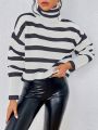 SHEIN Essnce Striped Pattern Turtleneck Split Hem Drop Shoulder Sweater
