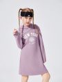SHEIN Sweet Casual Knitted Digital Pattern Print Hooded Dress For Tween Girls