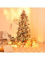 Gymax 7FT Snow Flocked Christmas Tree Hinged Fir Tree w/ Pine Cones Metal Stand