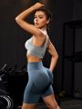 Yoga Basic 2pcs Marled Knit Seamless Gym Set Fitness Suit Racerback Bra & Wide Waistband Biker Shorts