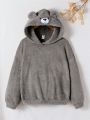 SHEIN Teen Girls' Solid Color Double-sided Flannel Hoodie Sweatshirt With Bear Embroidery