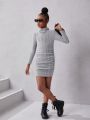 SHEIN Tween Girls' Sporty Street Style Solid Knit Stand Collar Long Sleeve Dress