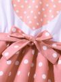 SHEIN Kids EVRYDAY Tween Girls' Heart & Polka Dot Printed Short Sleeve Dress
