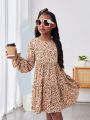 SHEIN Tween Girls' Casual Vacation Style Long Sleeve Floral Print Dress
