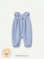 Cozy Cub Baby Girl Blue & White Vertical Stripe Print Jumpsuit With Ruffle & Lace Trimmed Square Neckline And Sleeveless Design