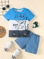 SHEIN 2pcs/Set Boys' Casual Cute Dinosaur Pattern Short Sleeve T-Shirt + Denim Shorts