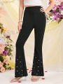 SHEIN Teen Girl Knitted Monochrome Flared Pants With Studded Embellishments