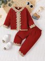Baby Boys' Burgundy Applique Long Sleeve Top And Pants Set