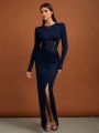 SHEIN Tall Women'S Patchwork Mesh & Knot Detailing Split Hem Dress
