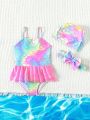 Baby Girl's One-Piece Swimsuit With Fish Scale Print And Ruffle Trim, Includes Swim Cap And Hairband