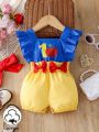 SHEIN 2pcs/Set Baby Girls' Casual Retro Cute Apple Pattern Color Blocking Romper With Headband
