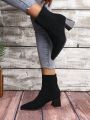 Ladies’ European And American Vintage Street Style Black Flocked High Heel Ankle Boots