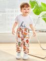 SHEIN 4pcs Infant Boys' Casual Vintage Minimalist Letter Print Outfit With Western Cowboy Elements And Printed Pants Set, Including Hat And Gloves
