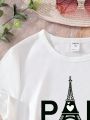 Teen Girls' Eiffel Tower & Letter Printed T-Shirt