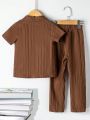 SHEIN Toddler Boys' Solid Color Short Sleeve Shirt And Pants Set