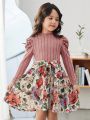 SHEIN Kids Nujoom Young Girl Floral Print Puff Sleeve Belted Dress