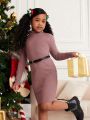 SHEIN Kids Cooltwn Girls' Basic Knitted Slim Fit High Neck Solid Color Casual Dress