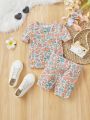 SHEIN Baby Girls' Casual Flower Pattern Short Sleeve Shorts Tight Home Outfits Set