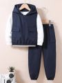 Toddler Boys' Casual Hooded Vest And Pants Outfit, 2pcs/Set