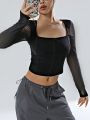 Patchwork Sheer Sleeve Cropped T-shirt