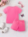 SHEIN 2pcs/Set Baby Girls' Casual And Simple Short Sleeve T-Shirt And Shorts With Interesting Letter Print For Spring/Summer Outings