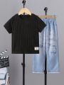 SHEIN Kids KDOMO Boys' (Little) Ribbed Short Sleeve T-Shirt And Denim-Like Pants Two Piece Set