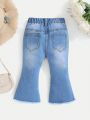 SHEIN Baby Girls' High Elastic Washed Fashionable Leisure Cute Flower Print Flared Jeans,Spring/Summer Boho Cute  Jeans