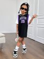 SHEIN Kids Cooltwn Young Girls' Cool Street Knit Round Neck Patchwork Short Sleeve Dress With Color Collision
