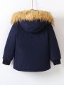 Young Boy Fuzzy Trim Hooded Flap Pocket Winter Coat Without Tee